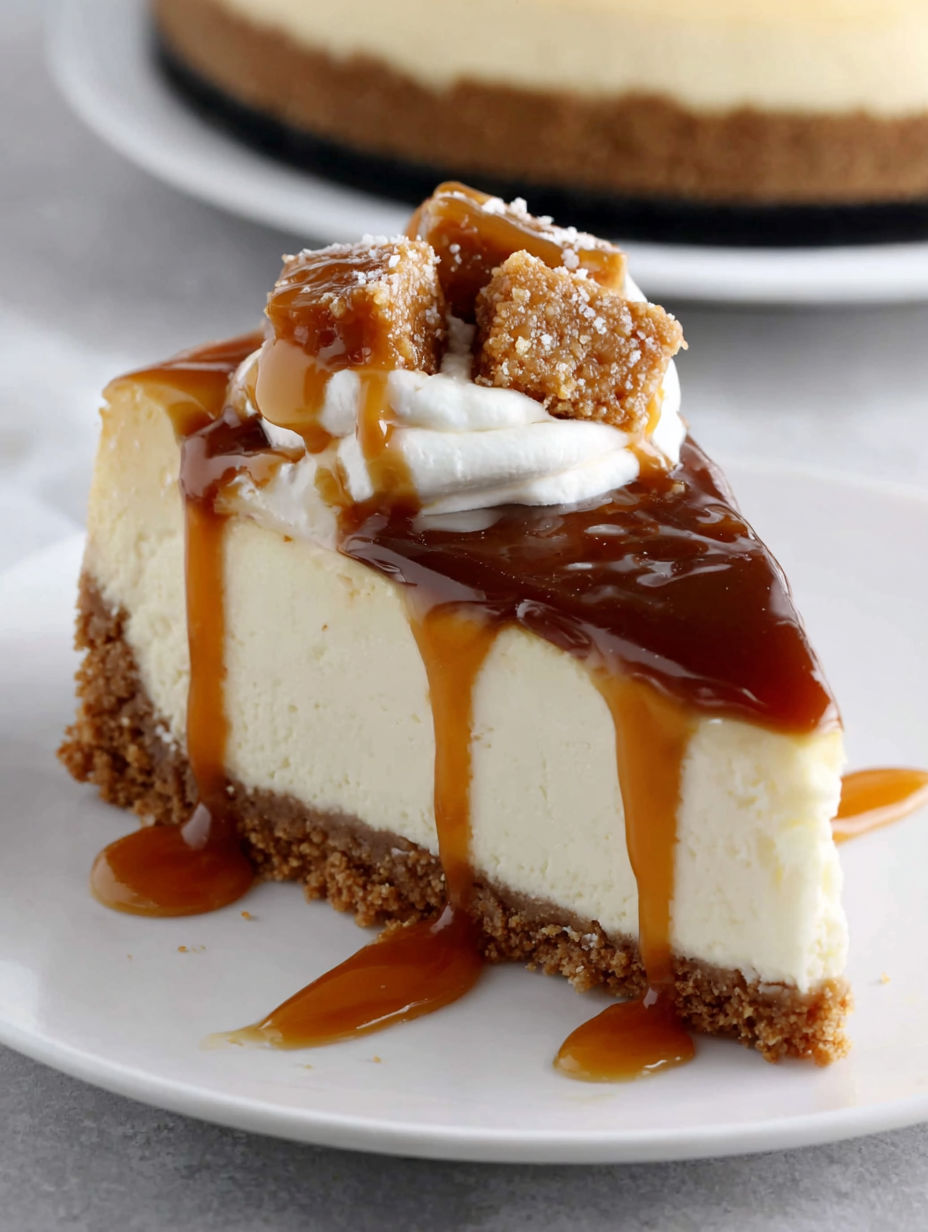 A slice of caramel cheesecake on a plate.