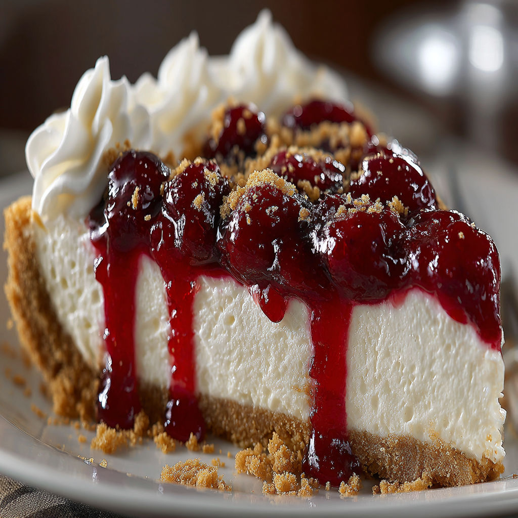 A slice of cherry cheesecake on a plate.