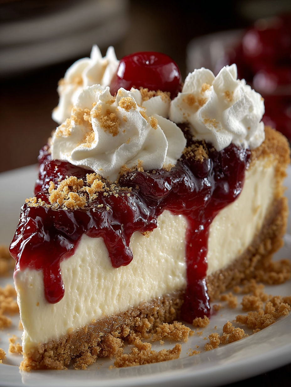 A slice of classic cherry cheesecake on a plate.
