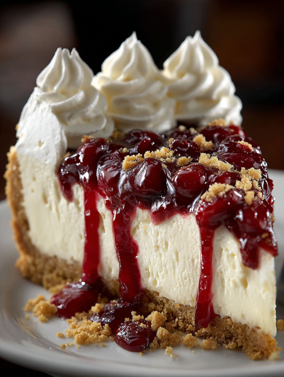 A slice of cherry cheesecake on a plate.