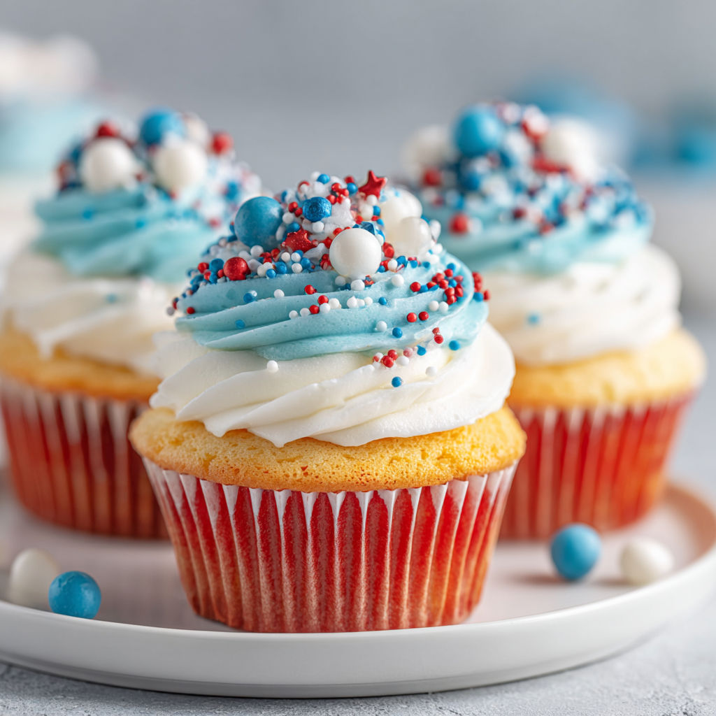 A plate of cupcakes with red, white, and blue frosting.