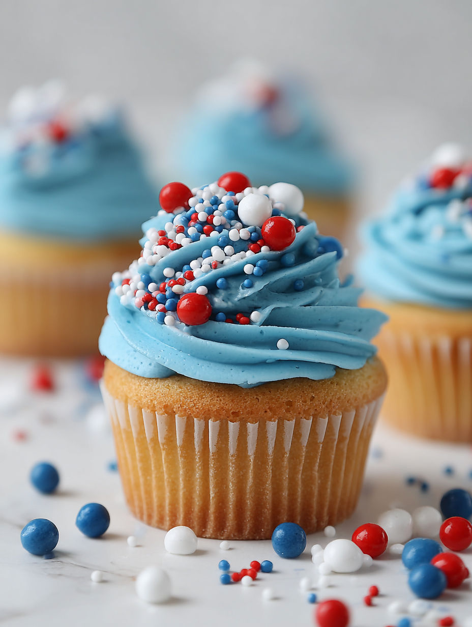 A cupcake with a blue frosting and red, white and blue sprinkles.