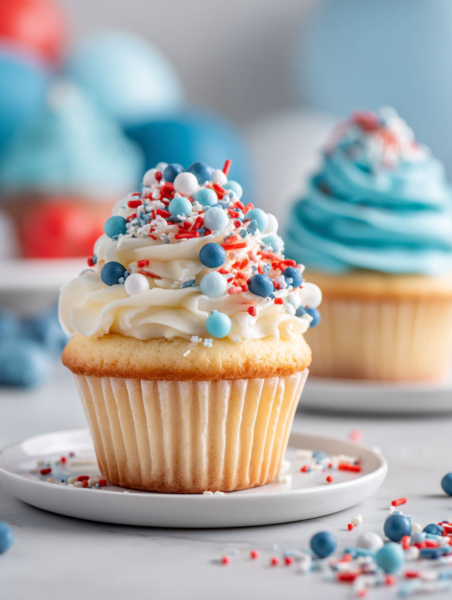 A cupcake with red, white and blue frosting.
