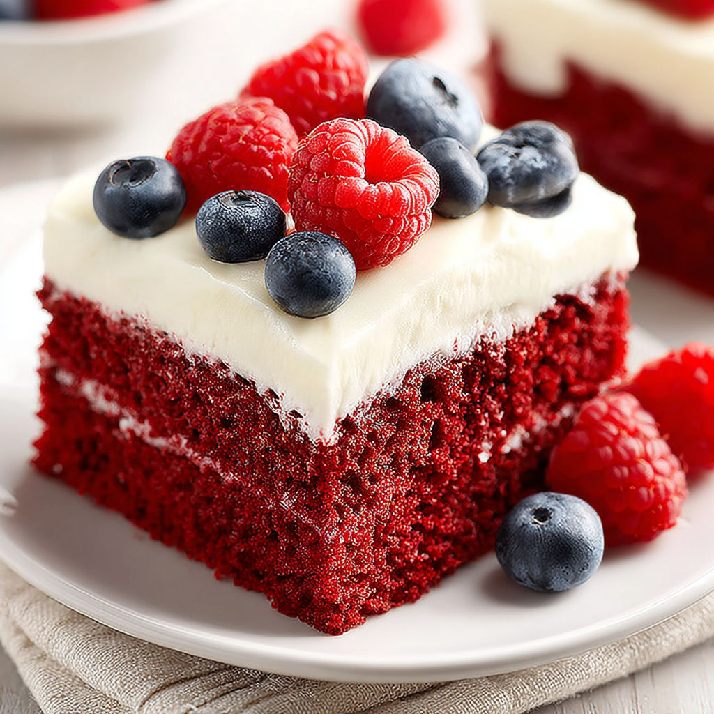 A slice of red velvet cake with blueberries on top.