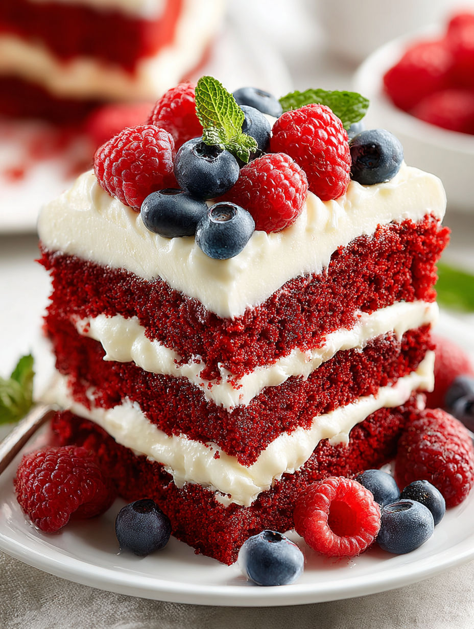 A slice of red velvet cake with berries on top.