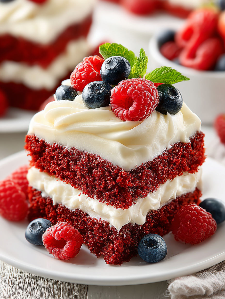 A slice of red velvet cake with white frosting and blueberries.