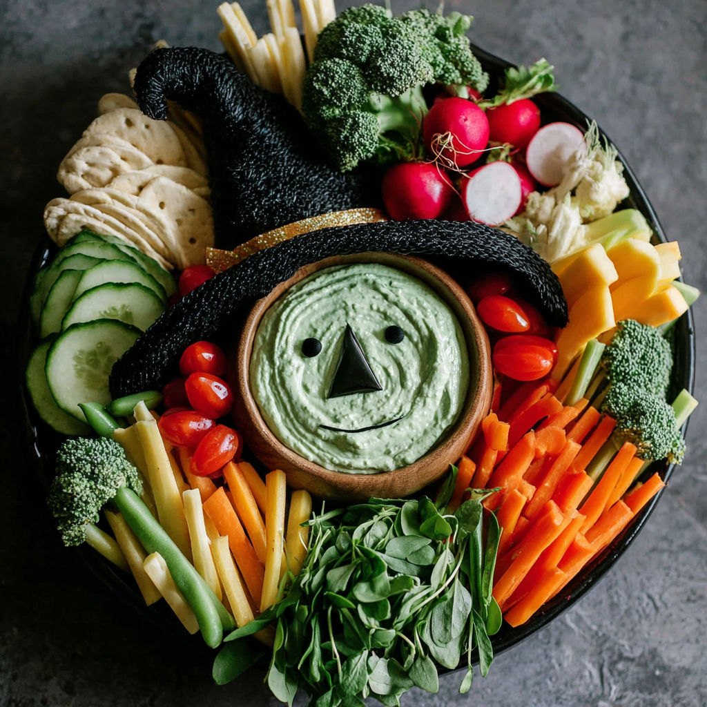 A Halloween veggie tray with a spooky witch creation.