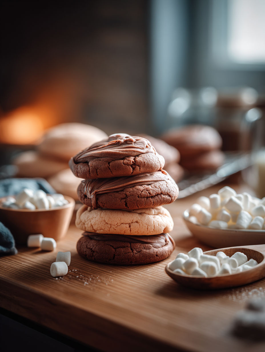 Chocolate swirl cookies on a wooden table.
