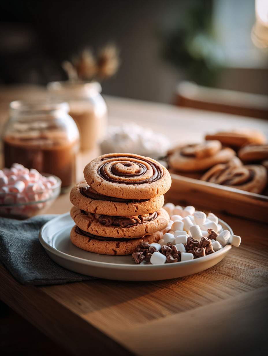 A plate of chocolate swirl cookies.
