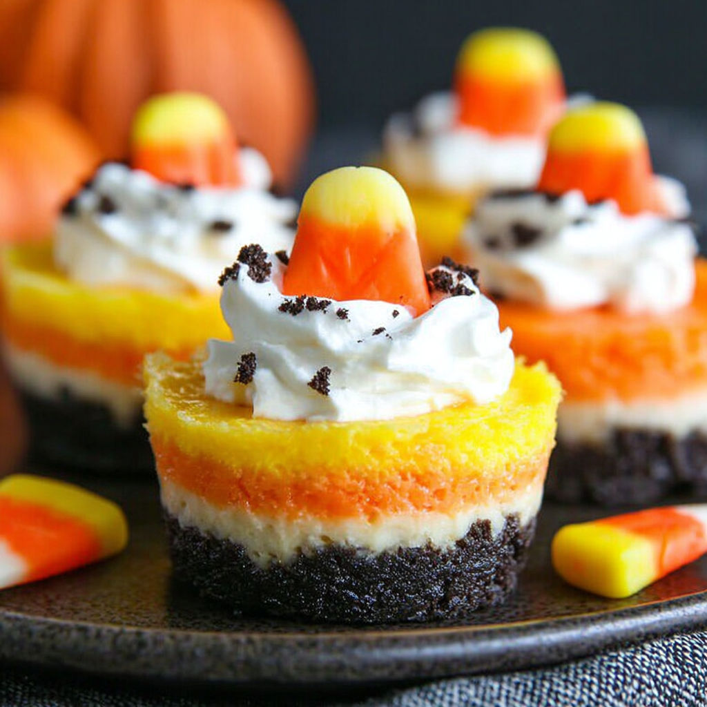 A plate of candy corn cheesecakes.
