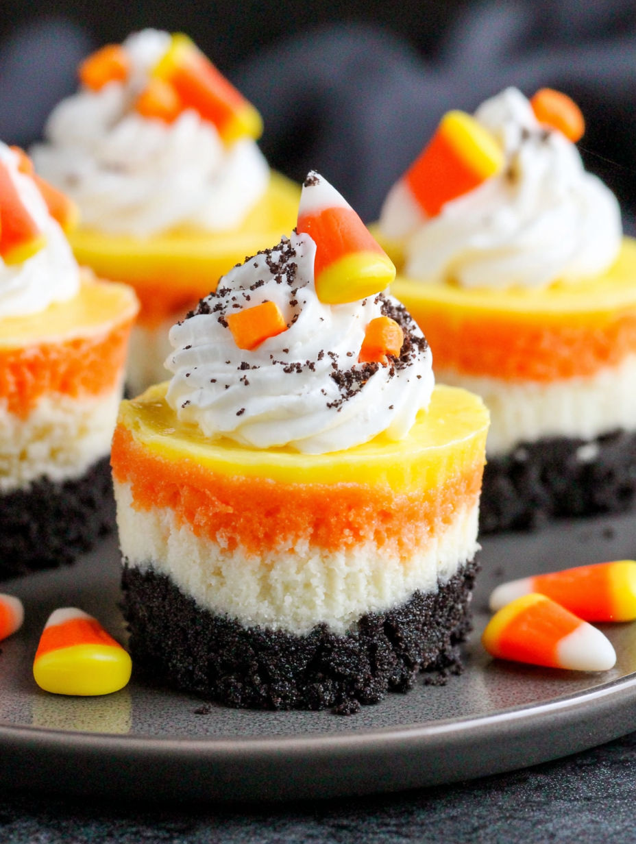 A plate of candy corn cheesecakes.