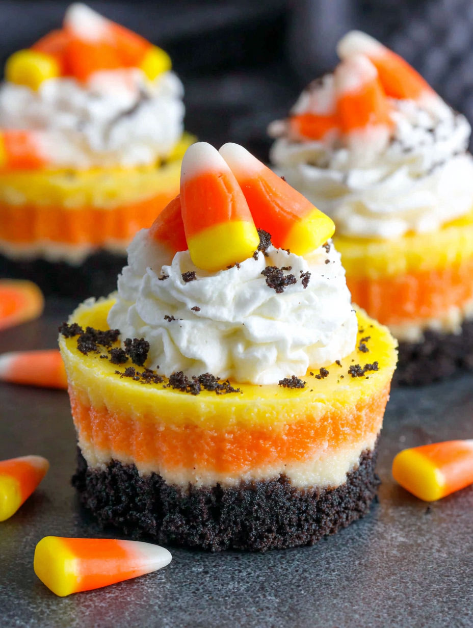 A candy corn cheesecake with a caramel sauce drizzle.