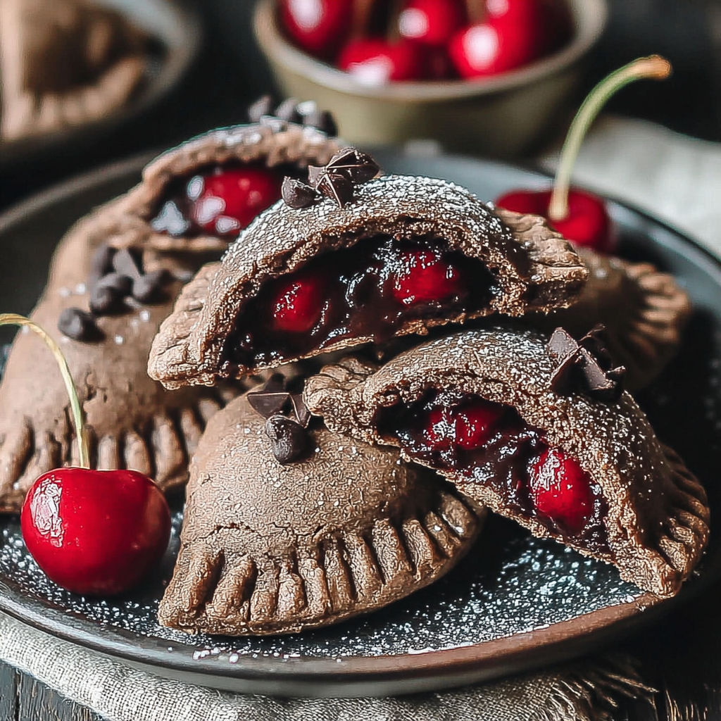 Chocolate cherry pies on a plate.