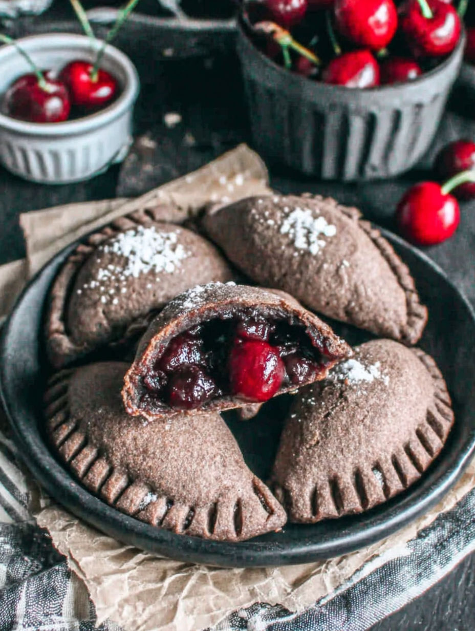 A plate of chocolate cherry pies.