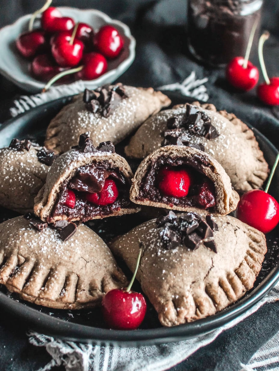 Chocolate cherry pies on a plate.