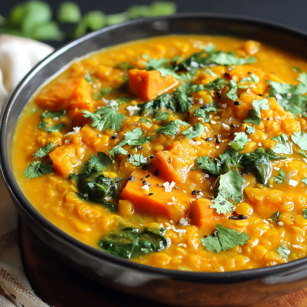 A bowl of red lentil curry with sweet potatoes.
