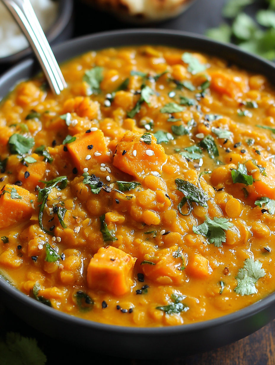 A bowl of red lentil curry with sweet potatoes.