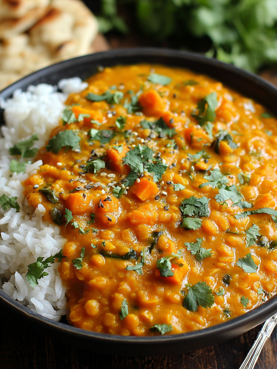 A bowl of red lentil curry with sweet potatoes.