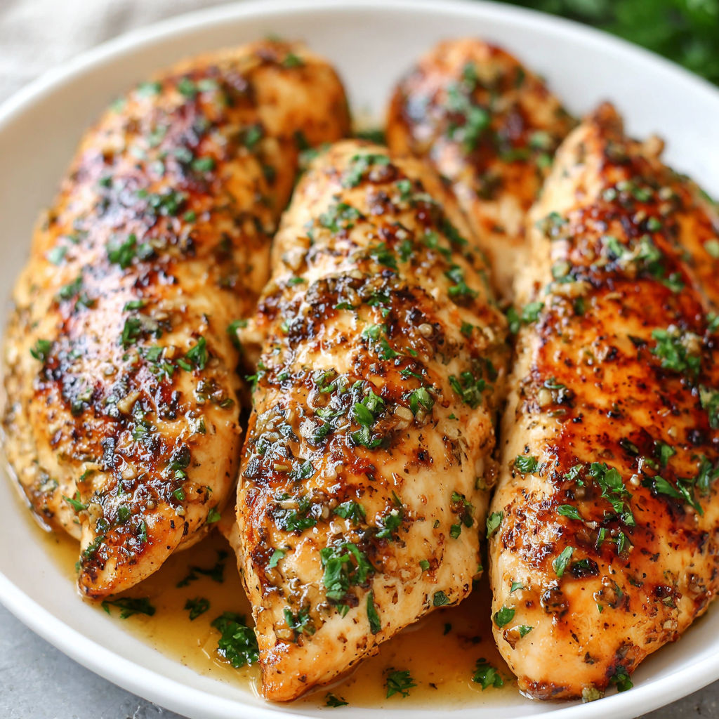 A plate of garlic chicken breasts.