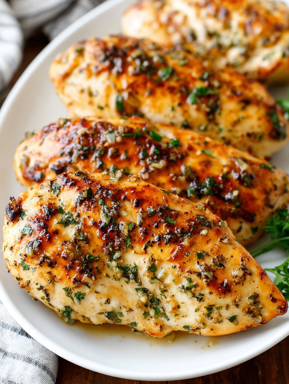 A plate of garlic chicken breasts.