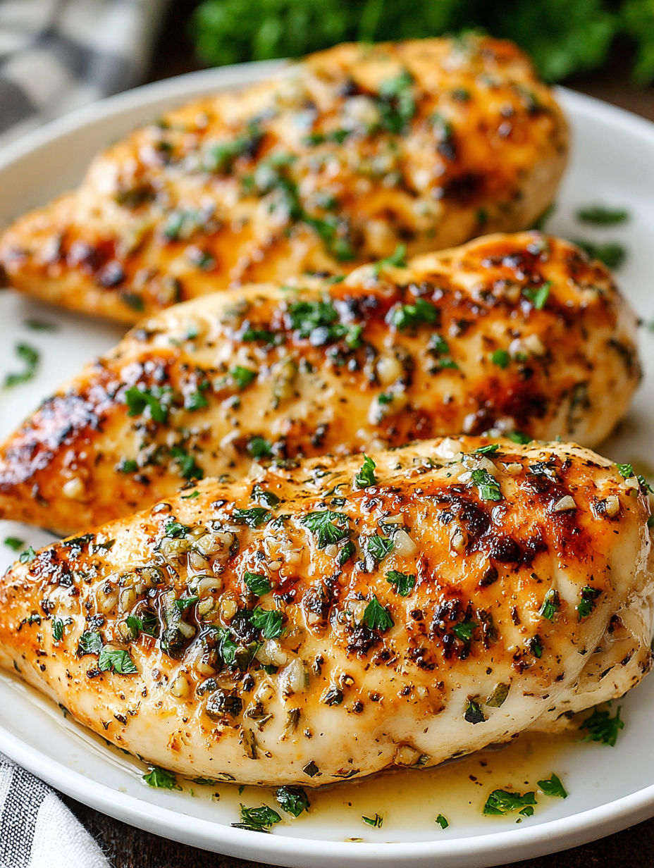 Two pieces of garlic chicken on a plate.