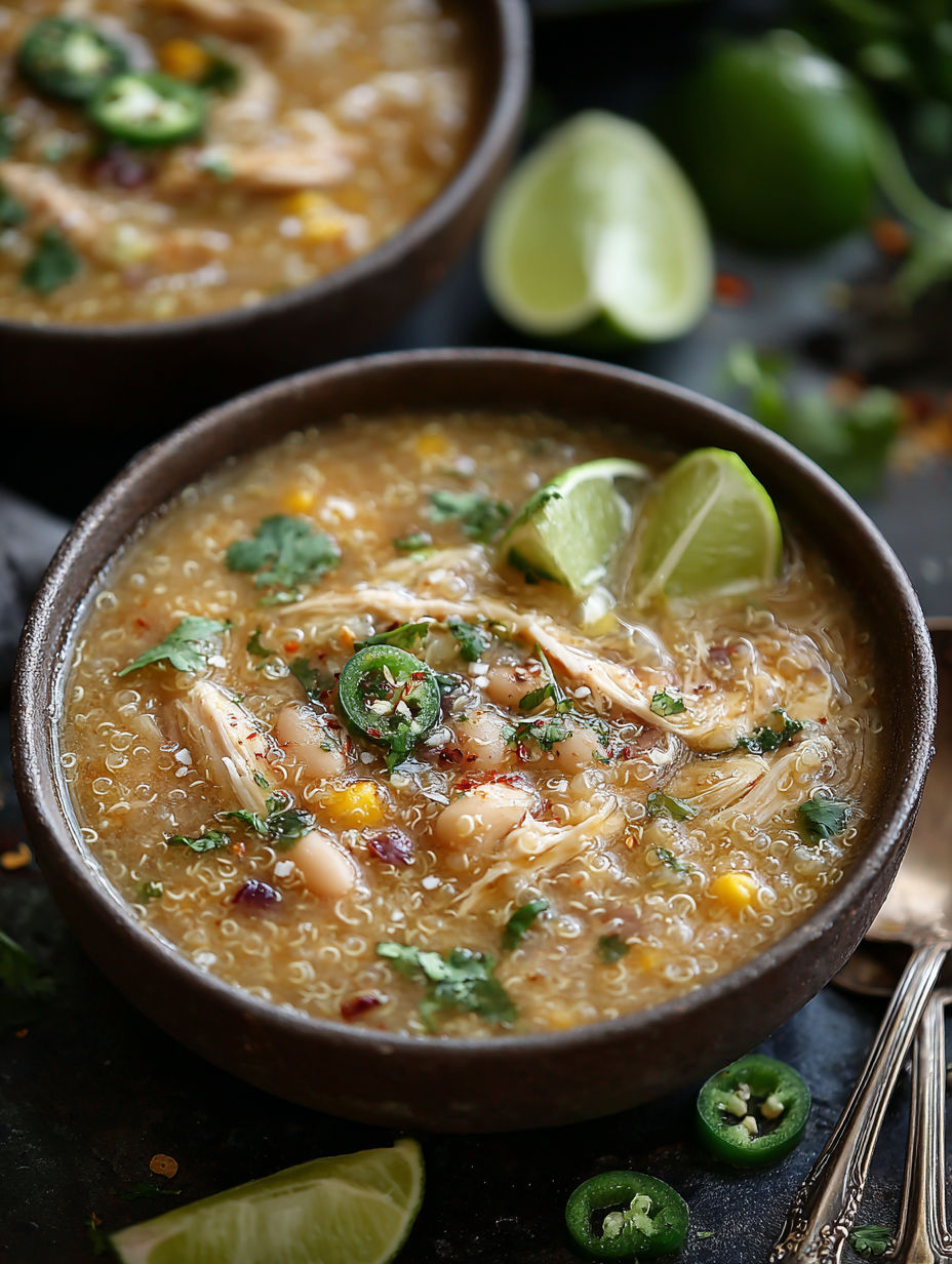 A bowl of chicken and quinoa chili.