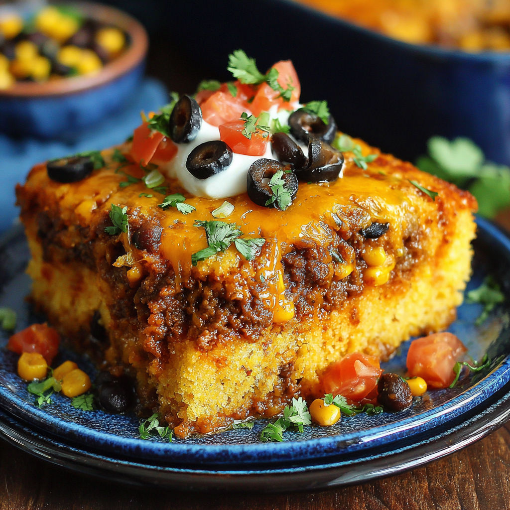 A slice of cornbread with black olives and tomatoes on top.