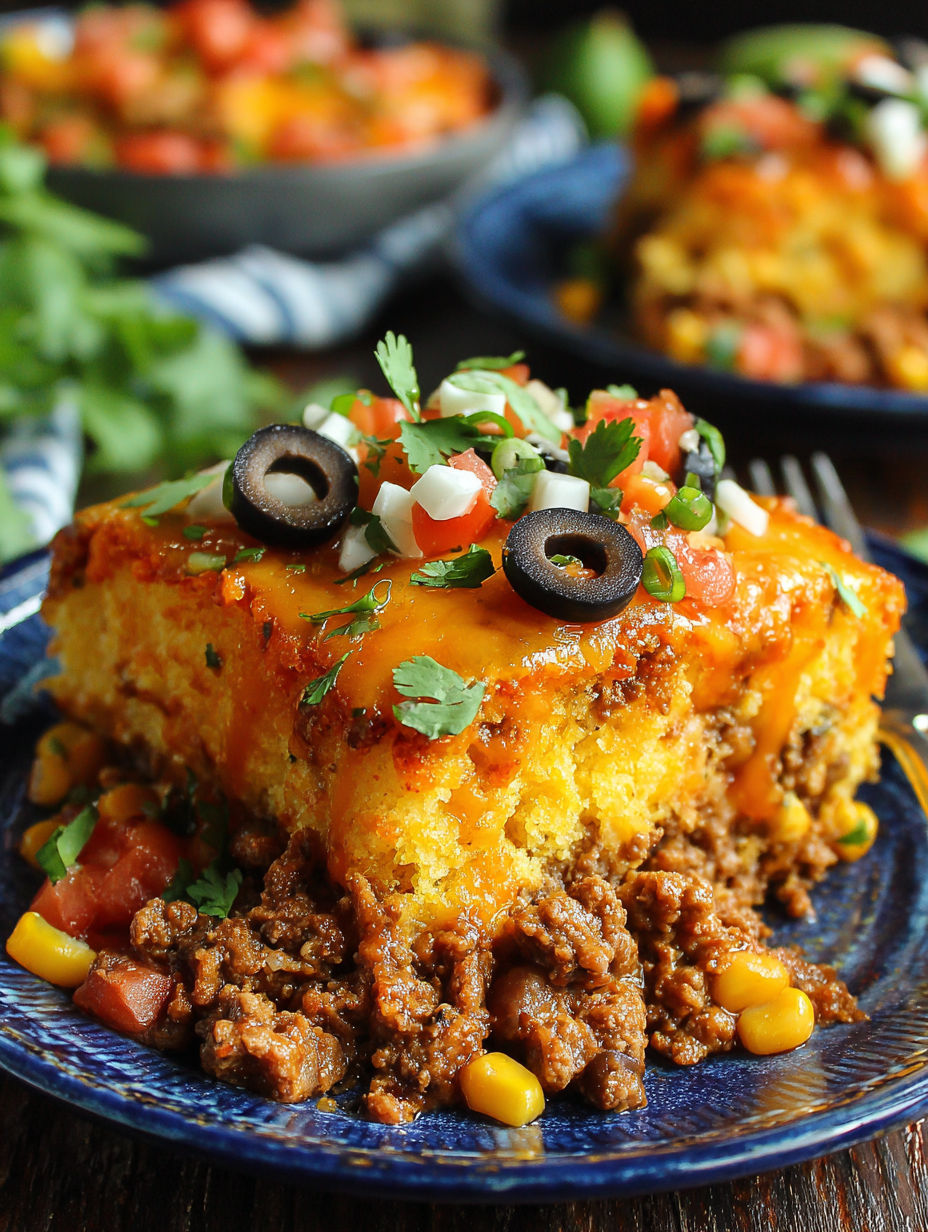 A plate of Mexican cornbread casserole with black olives on top.