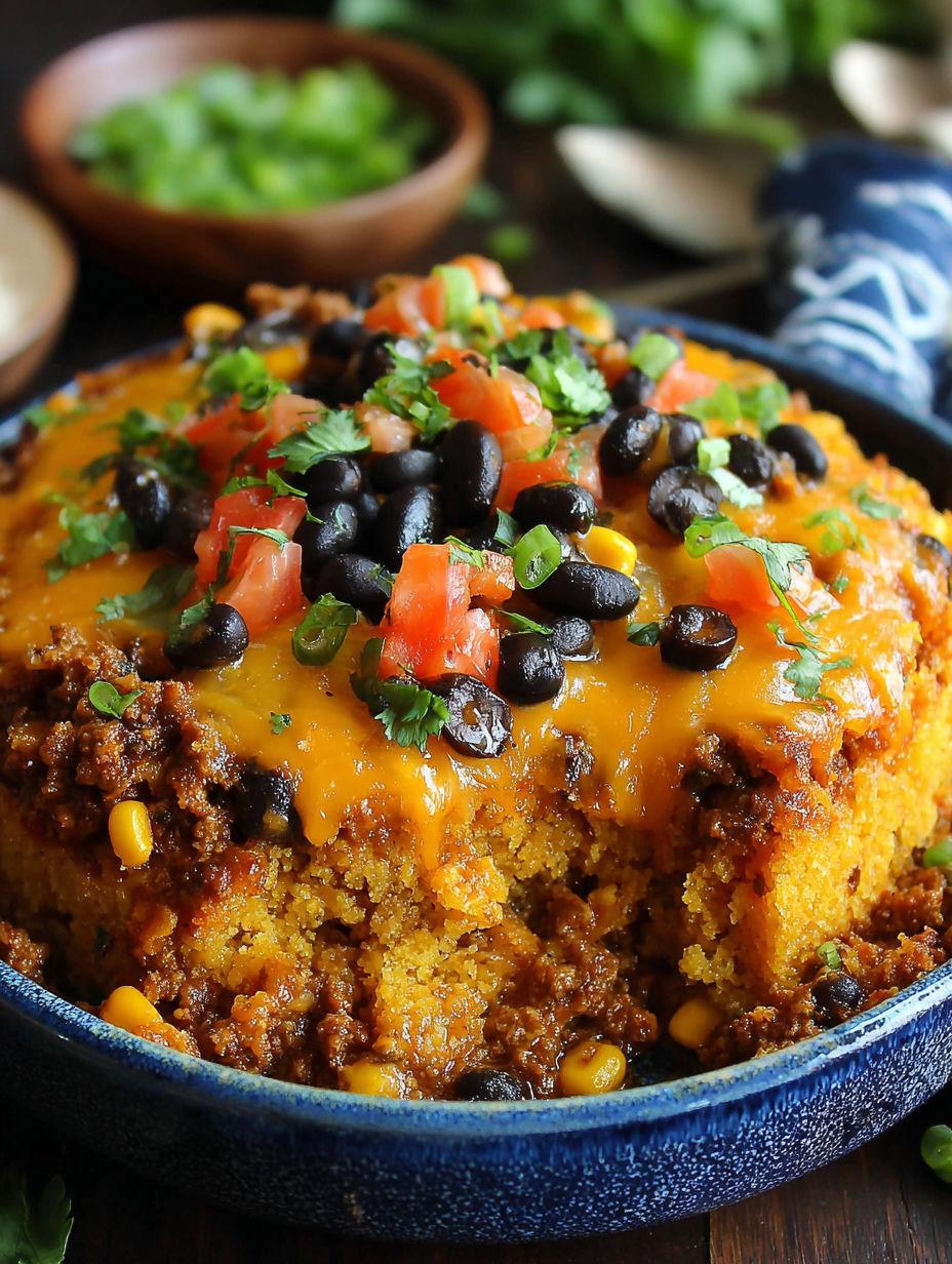 A delicious Mexican cornbread casserole with tomatoes, beans, and cheese.