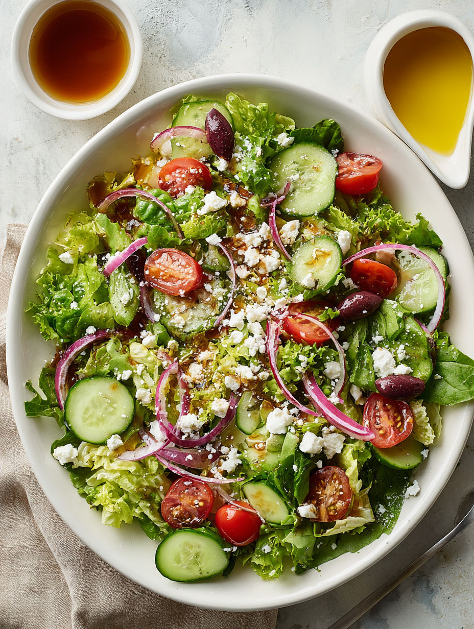 A bowl of salad with tomatoes, cucumbers, and feta cheese.