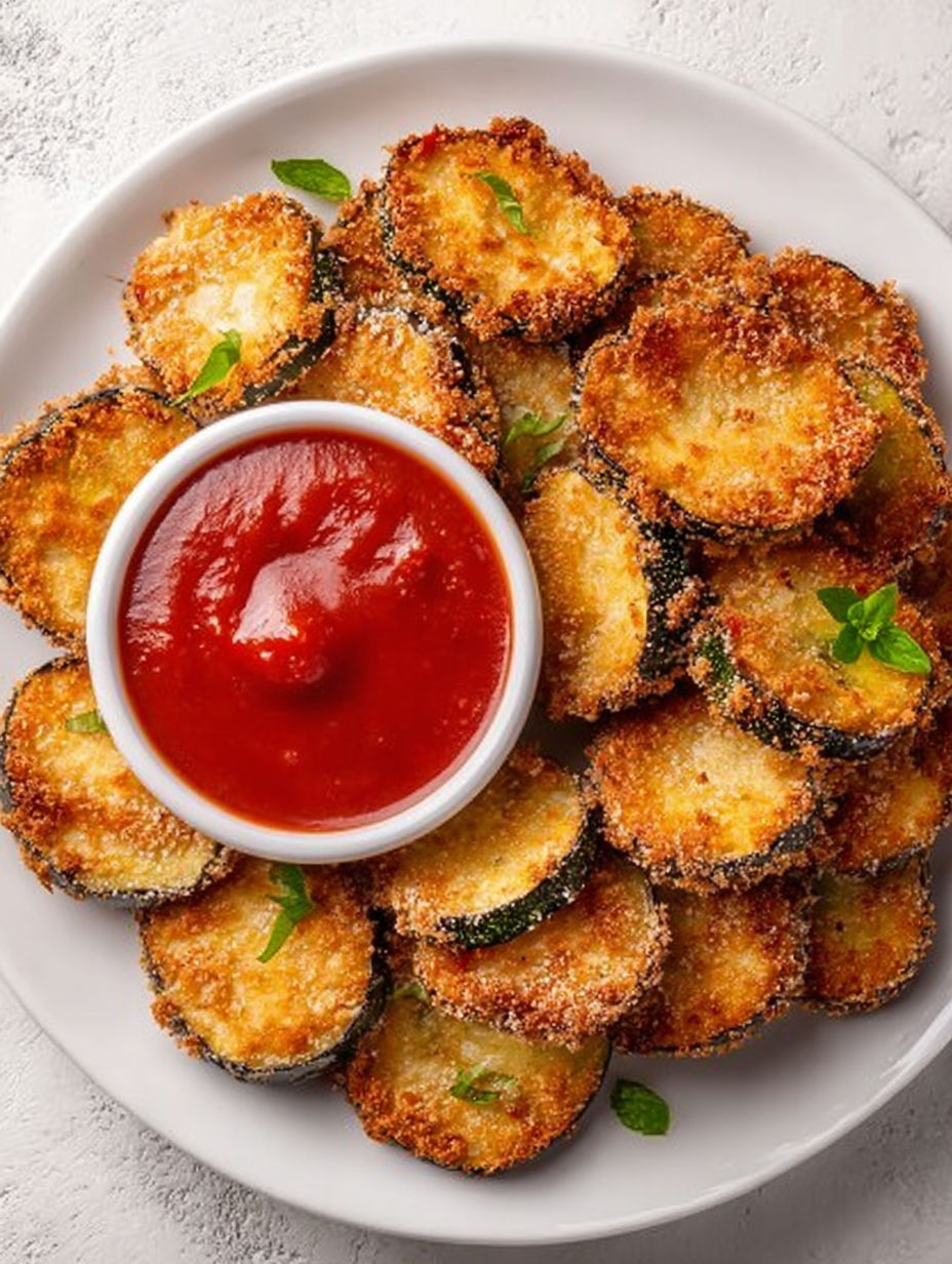 A white plate with a bowl of sauce and fried eggplant.