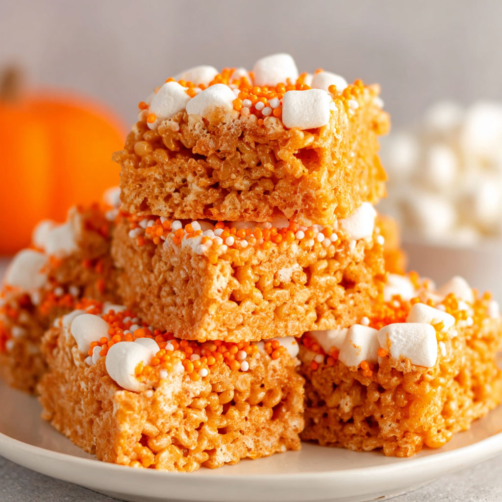 A plate of crispy treats with marshmallows and orange candy.