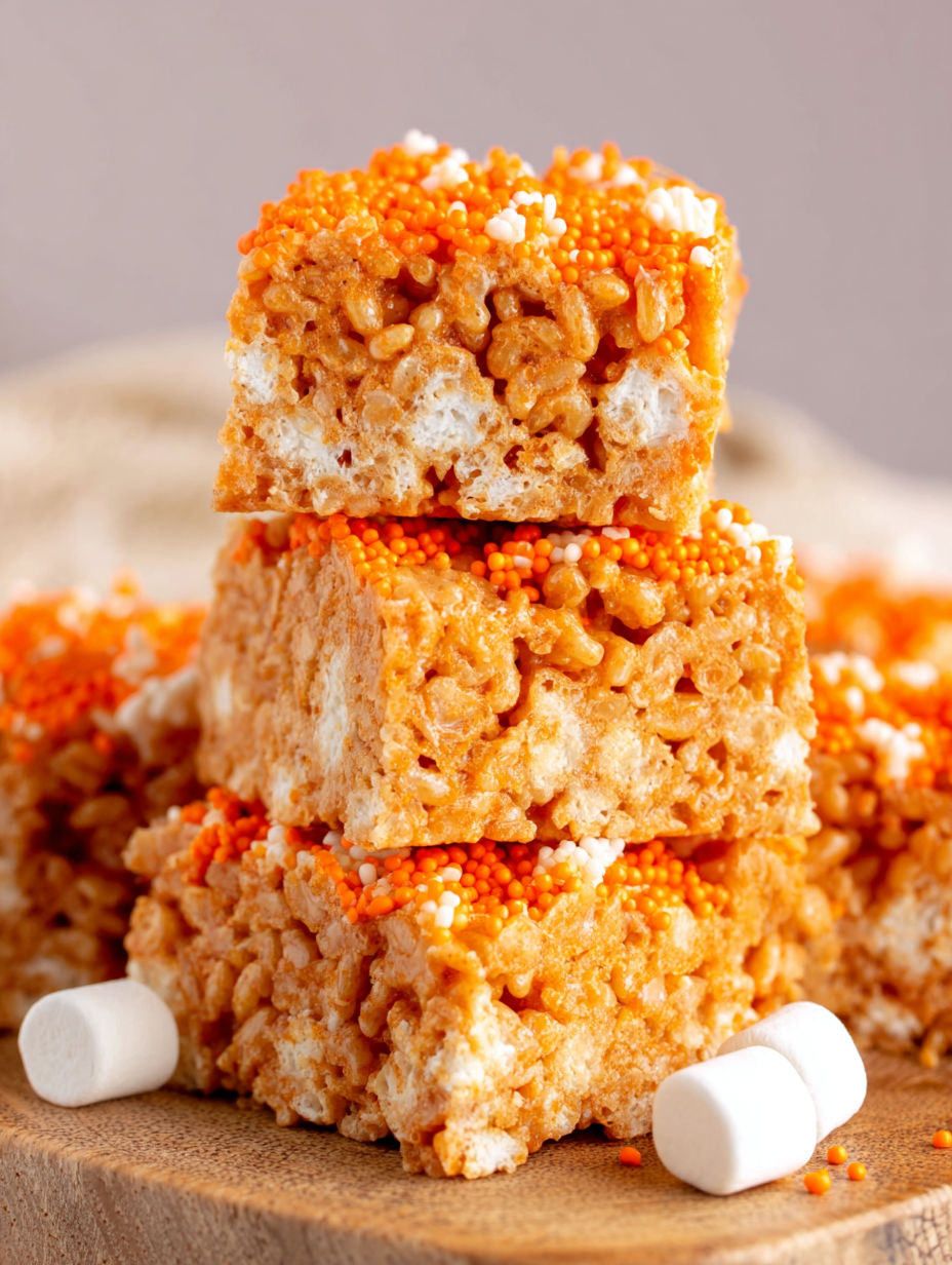 Pumpkin Crispy Treats stacked on a table.