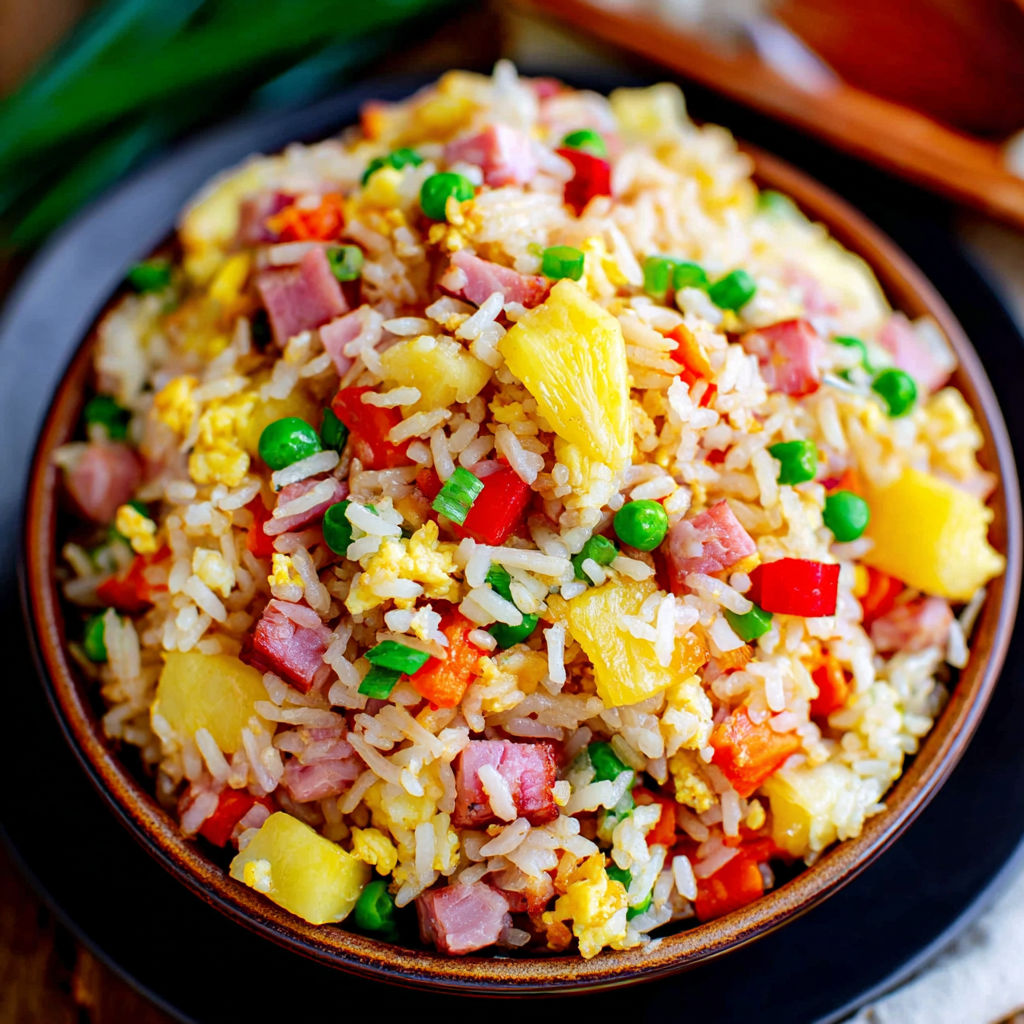 A bowl of rice with peas and ham.