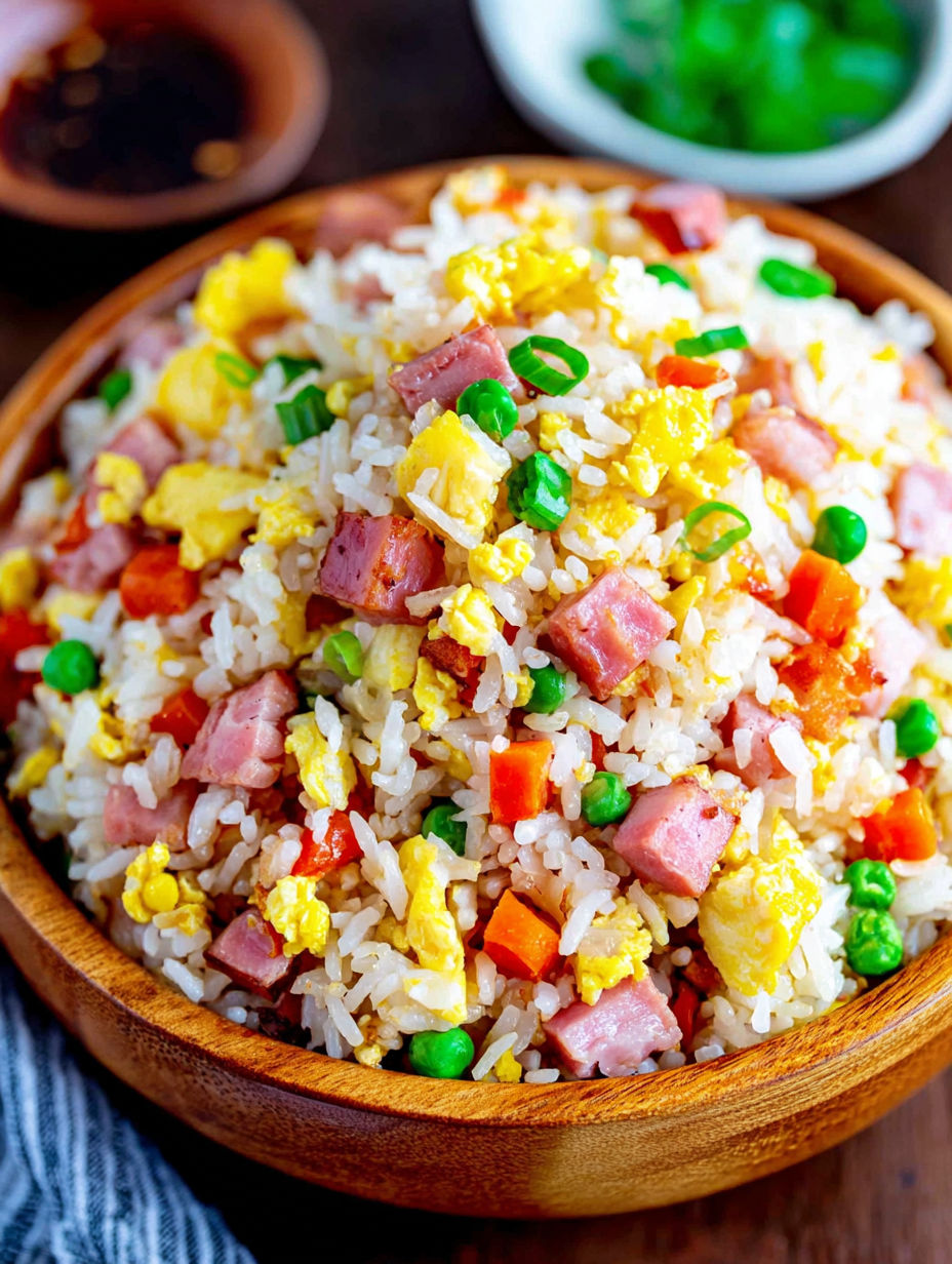 A bowl of rice with ham, peas, and eggs.