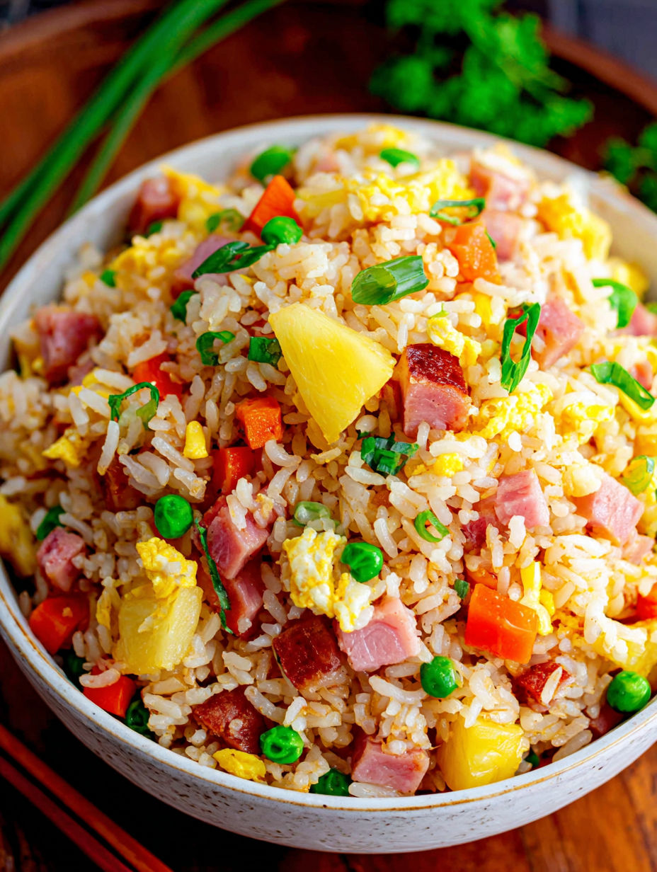A bowl of rice with ham, peas, and pineapple.