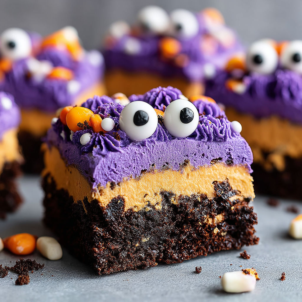 A close up of a piece of chocolate cake with a purple icing and a monster face on it.