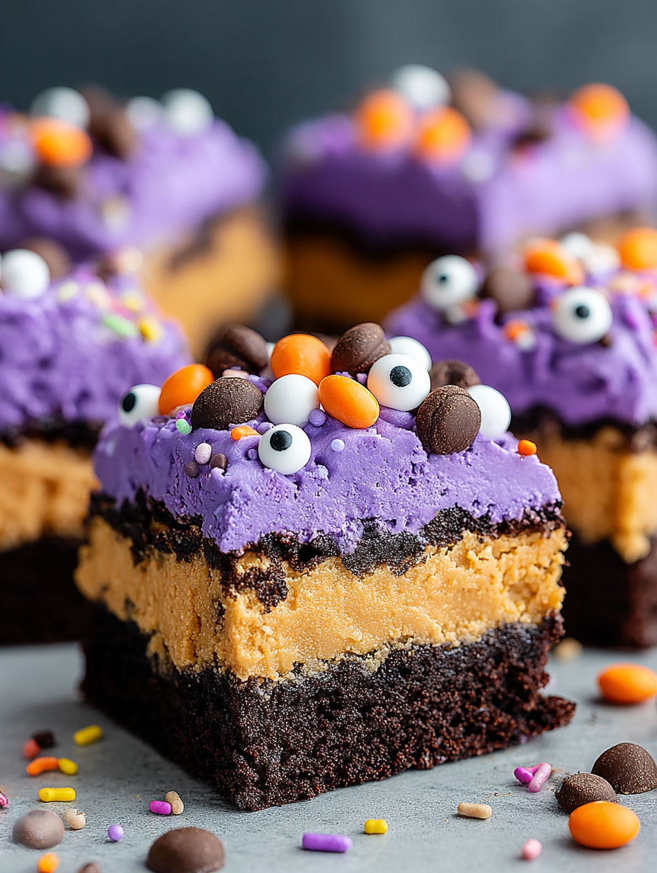 A close up of a chocolate and caramel monster mash brownie.