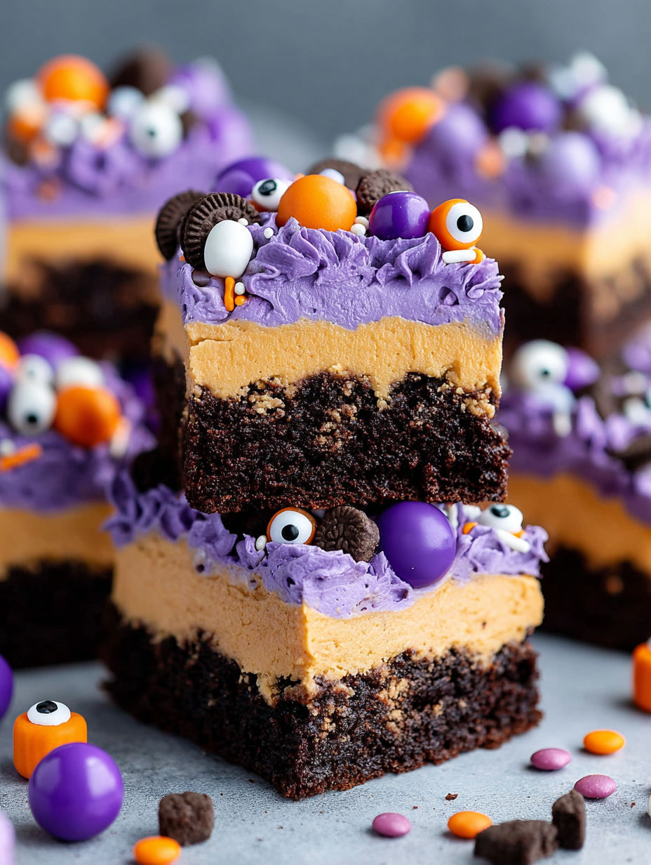 A slice of Monster Mash Halloween Brownies.