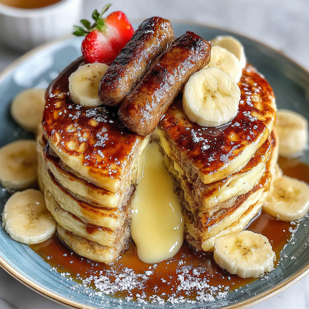 A stack of pancakes with bananas and sausage.
