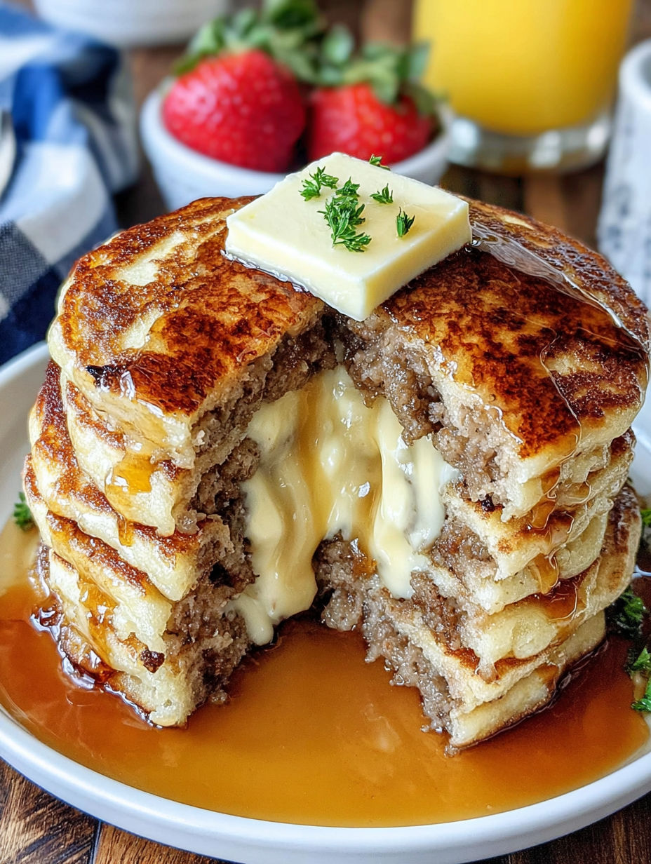 A stack of sausage dipped pancakes.