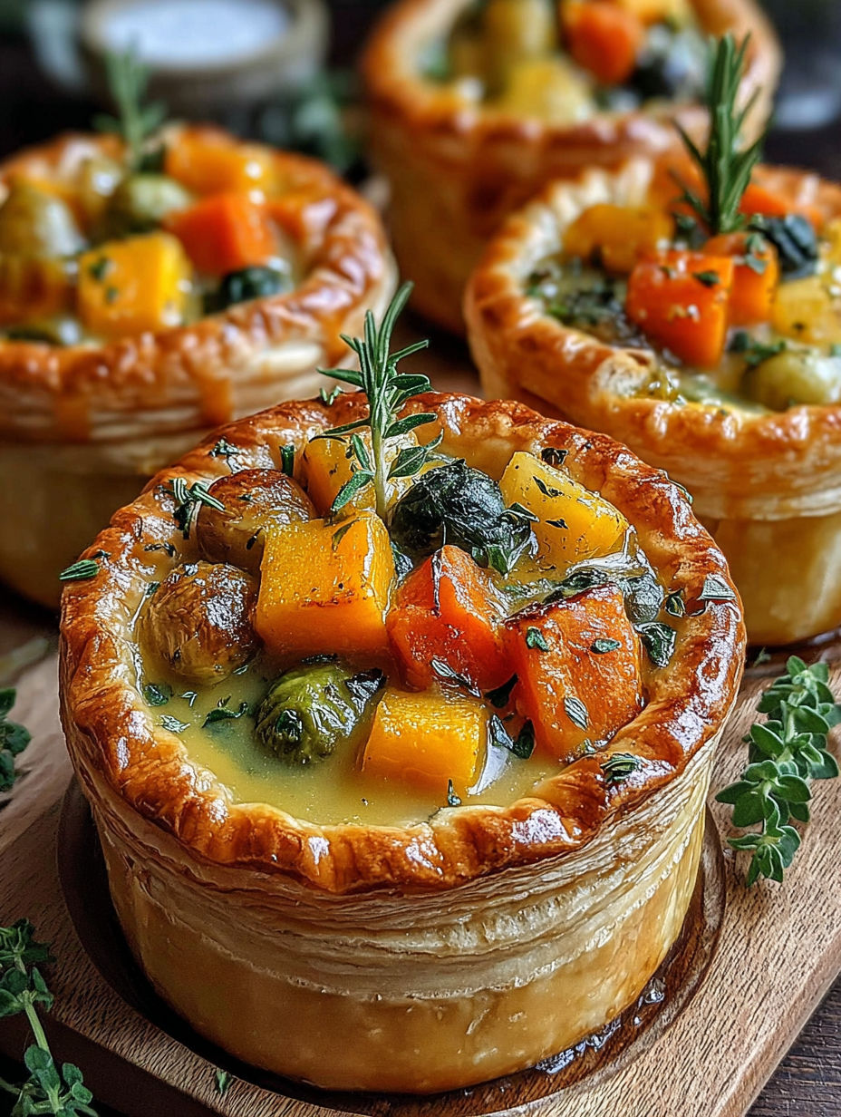 Two small pies filled with roasted vegetables.