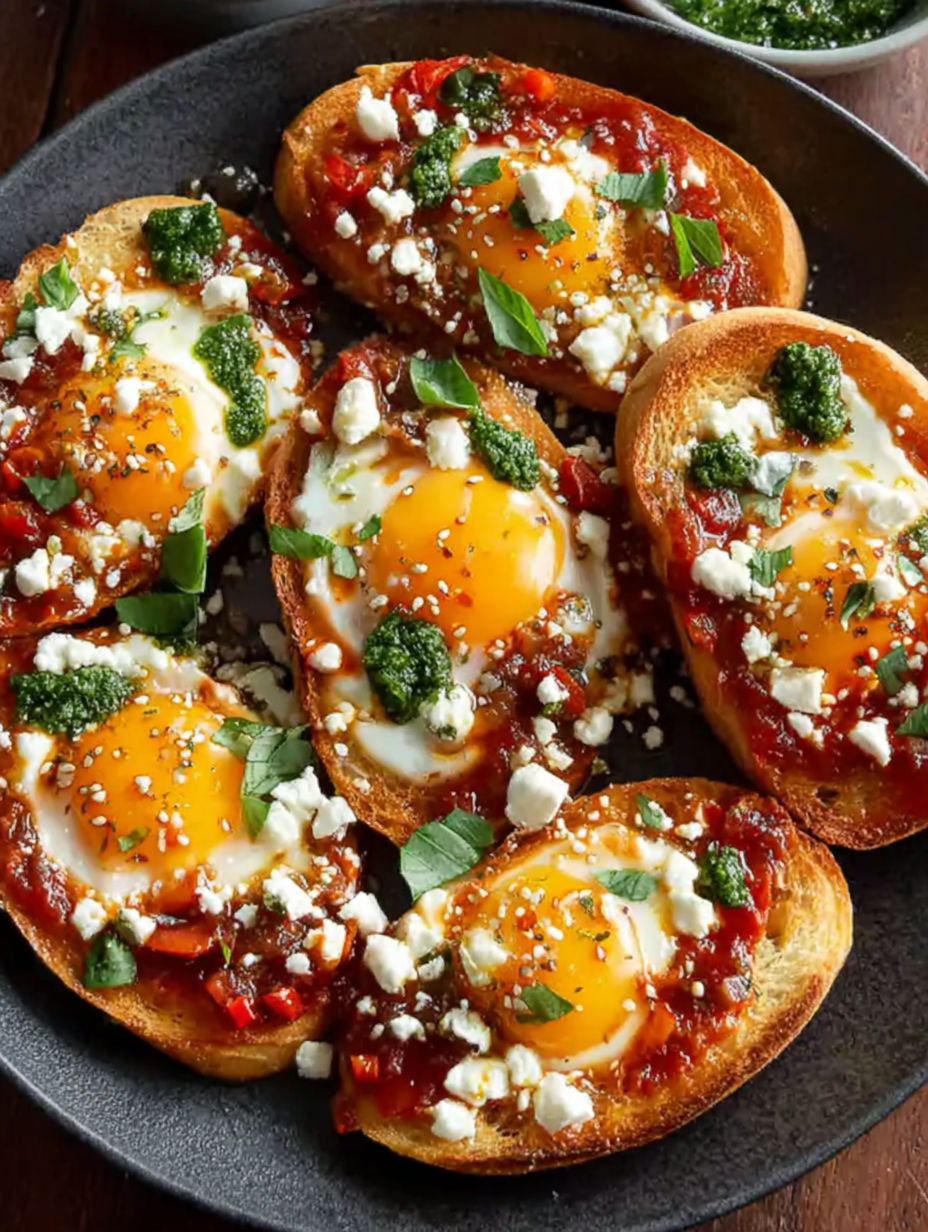 A plate of toast with feta cheese and eggs.