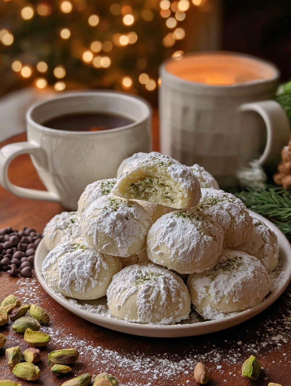 A plate of snowball cookies with a cup of coffee.