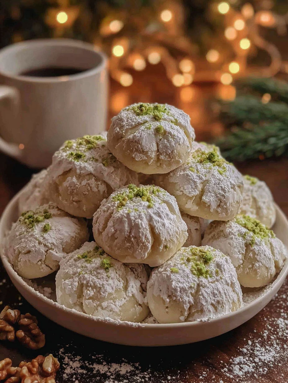 A plate of white cookies with green toppings.