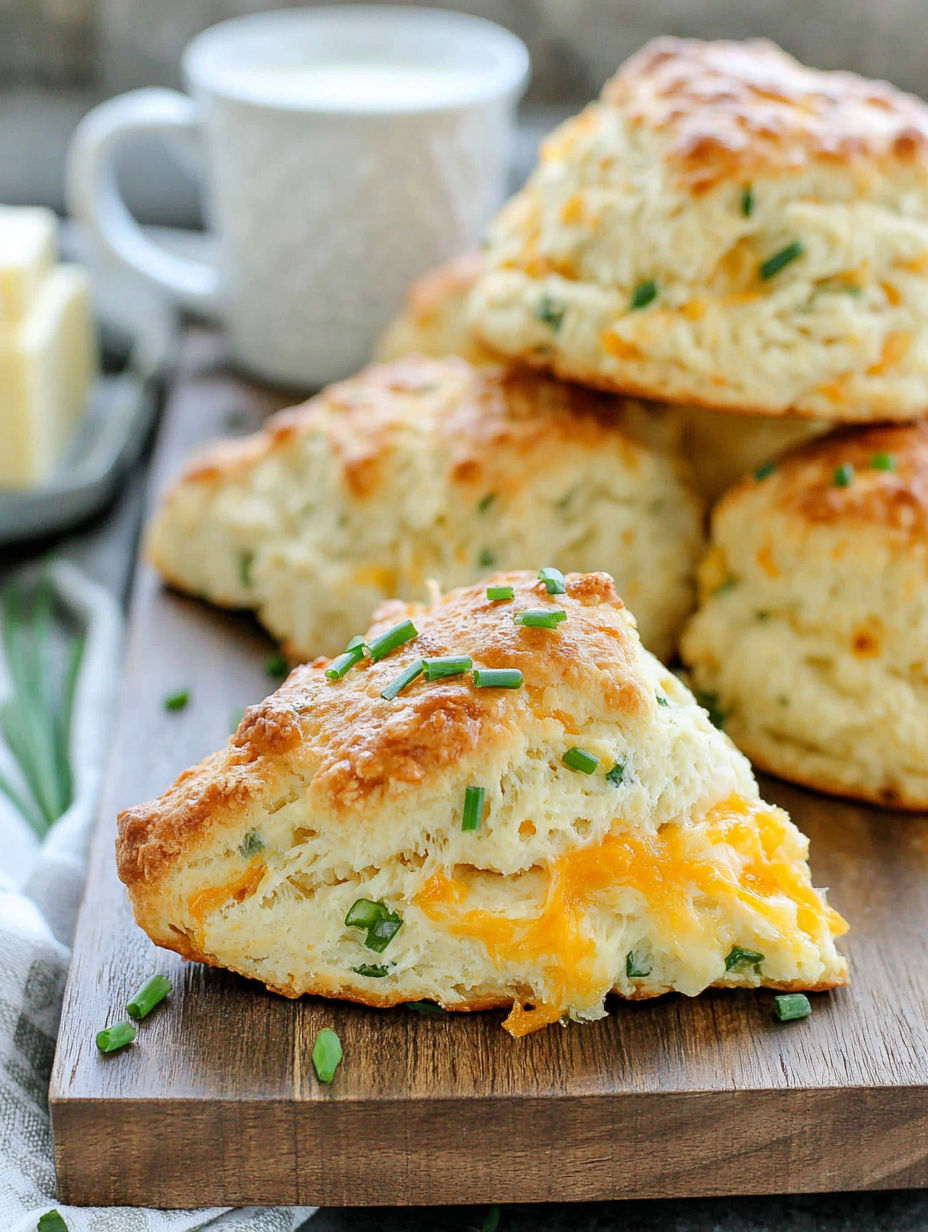 A stack of scones with chives and cheese.