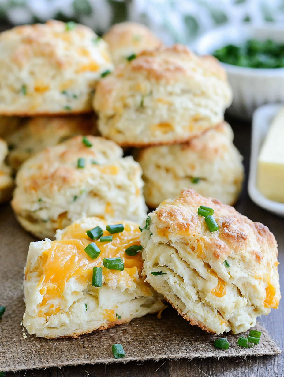 A stack of scones with chives and cheese.