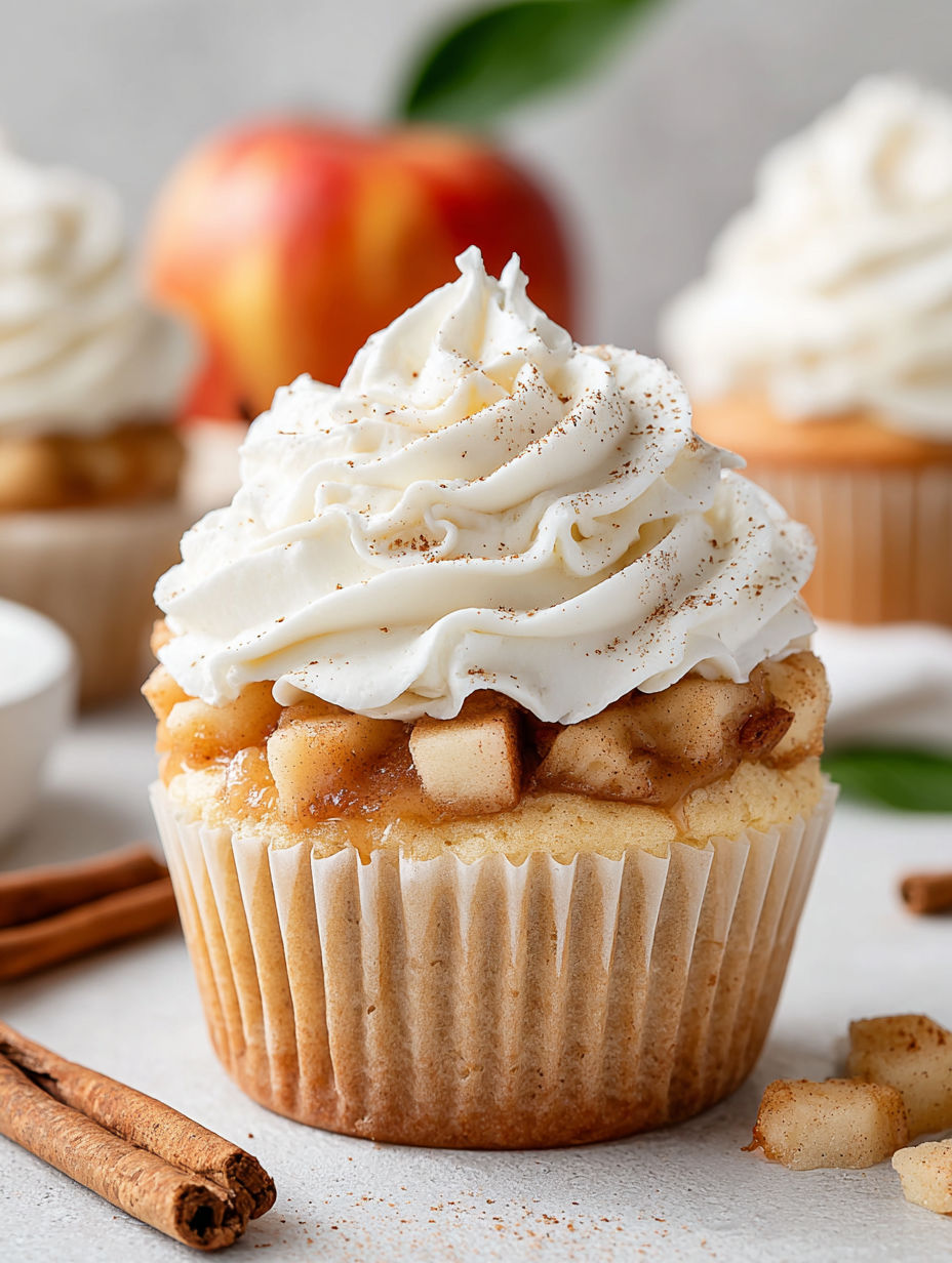 A cupcake with a whipped cream topping and a slice of apple on top.