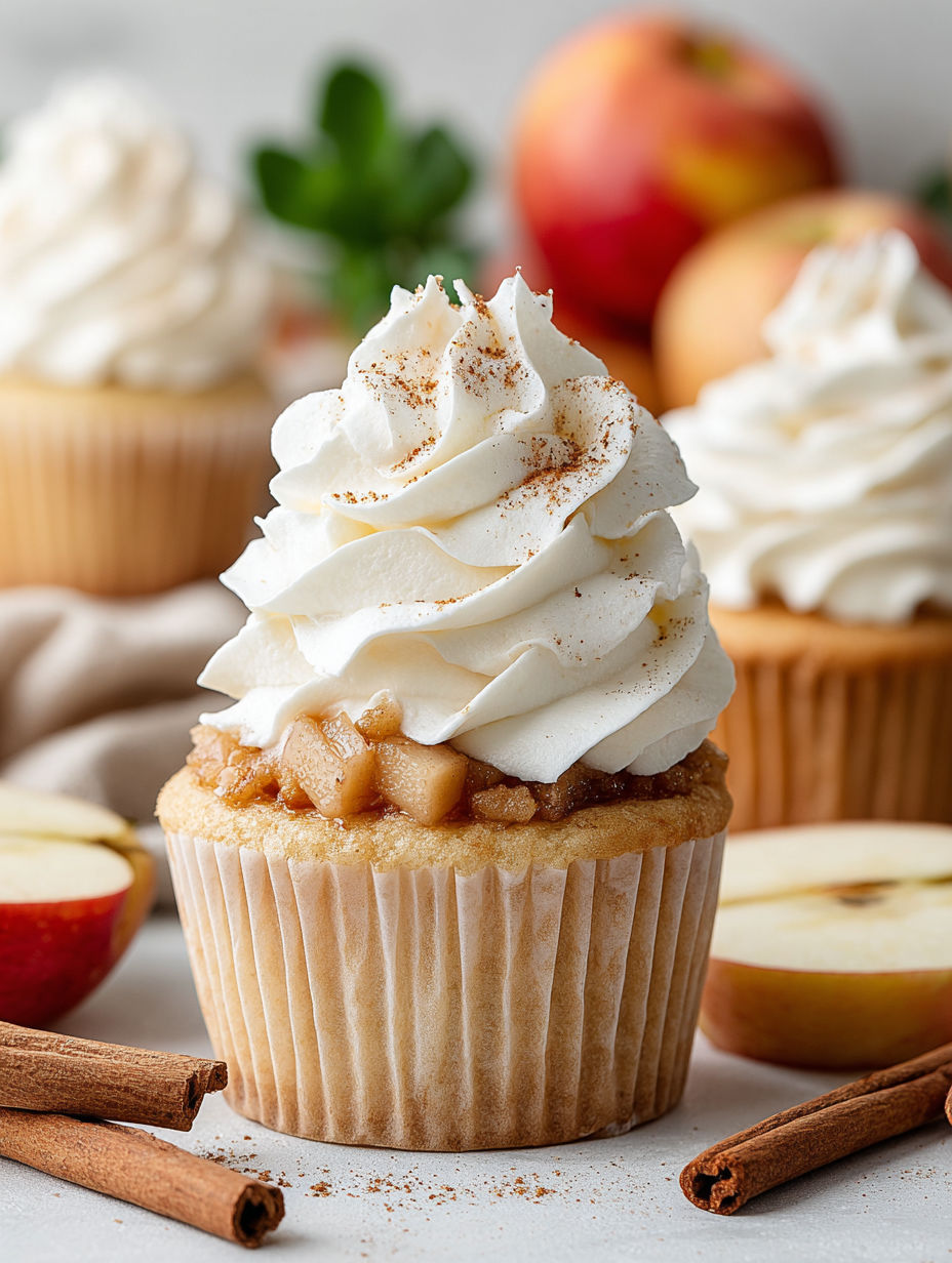 A cupcake with whipped cream and apple slices on top.