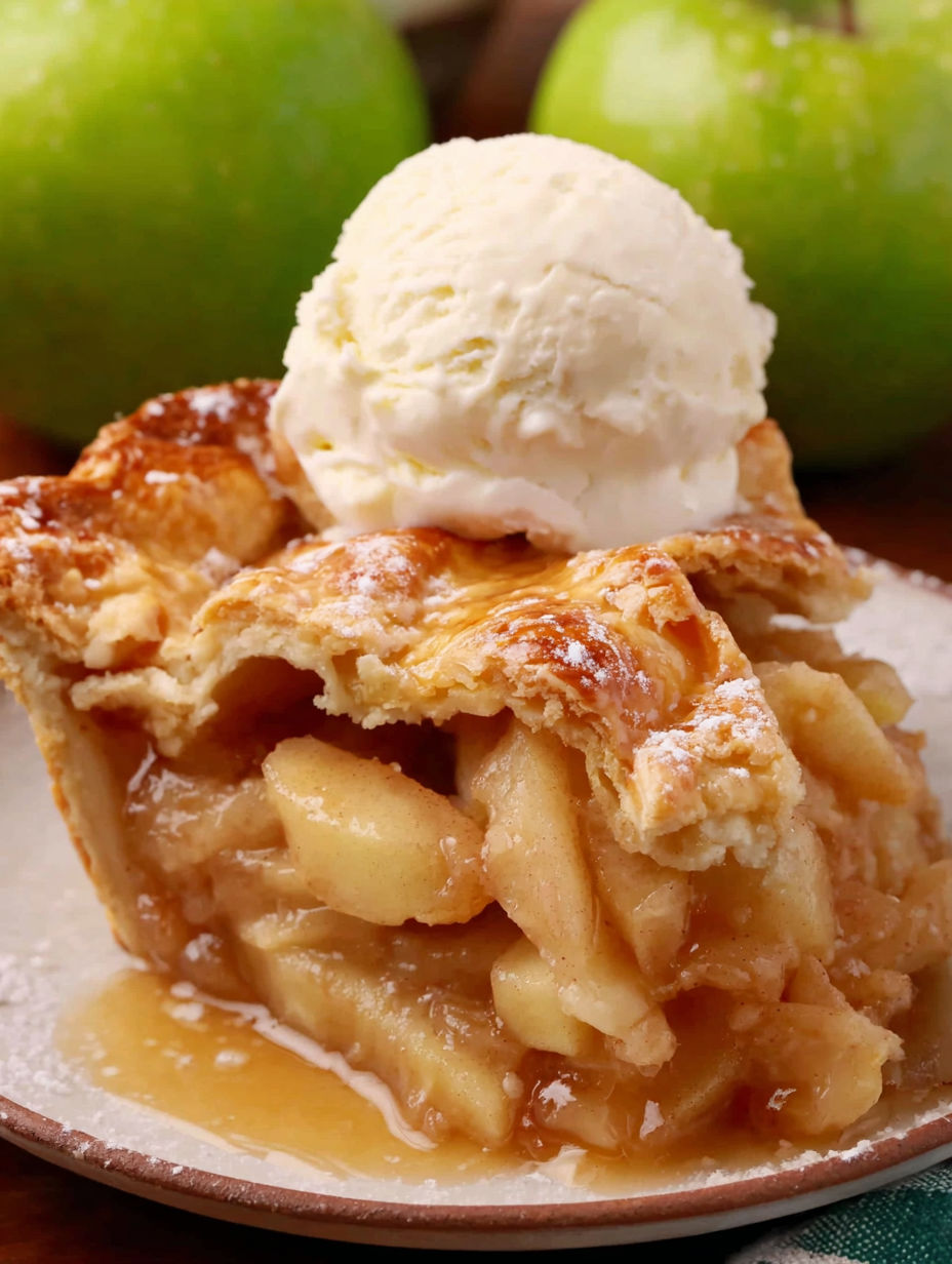 A homemade apple pie with a scoop of ice cream on top.